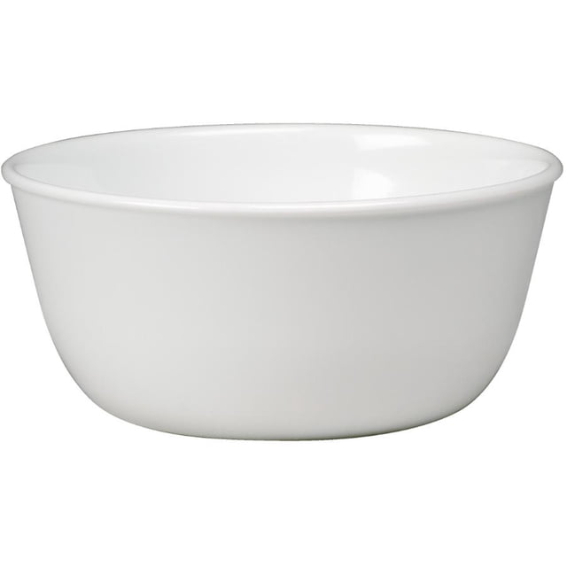 Corelle Winter Frost White 28 oz glass soup and cereal bowl with a smooth, round white design made from durable, lightweight Vitrelle glass, microwave and dishwasher safe, shown front-facing on a white background, suitable for everyday dining and space-saving storage.
