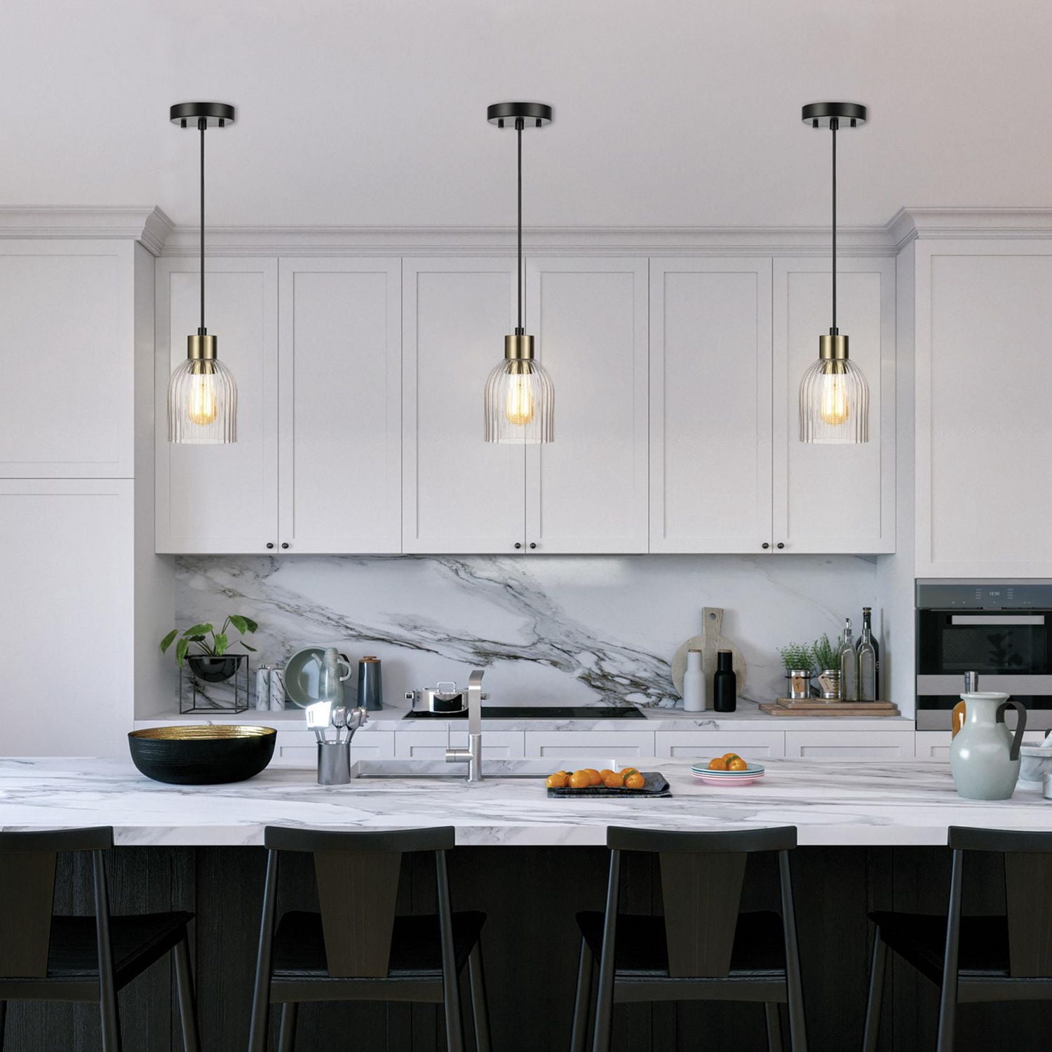Globe Electric 1-Light Matte Black Pendant Light with Ribbed Glass Shade and Matte Brass Accent