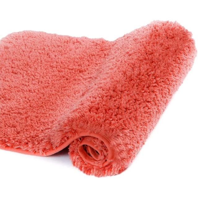 GHSDFBB Large Bathroom Rug in Living Coral, measuring 24x40 inches. This luxury bathroom floor mat is extra soft and absorbent, made of shaggy microfiber with a high-pile texture for comfort and moisture absorption. It is machine washable and features a durable TP rubber non-slip backing for stability on dry, smooth floors.