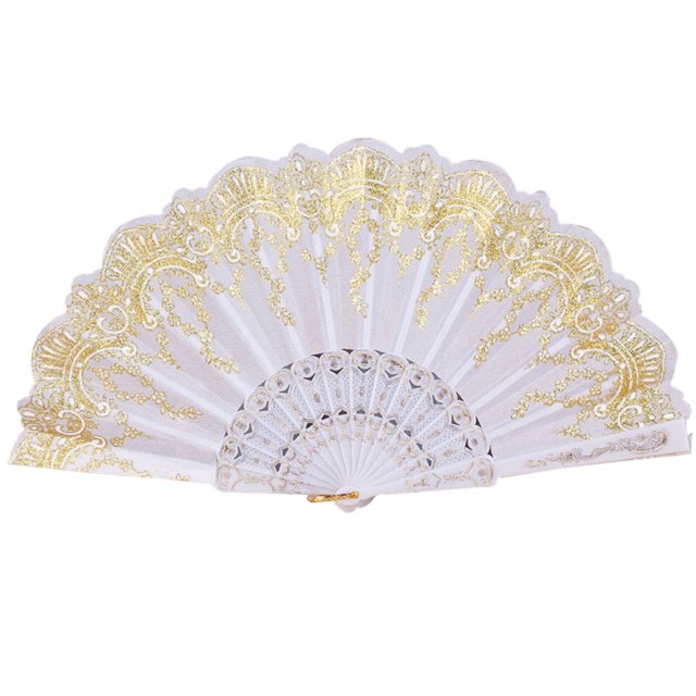VogueV Chinese Gold-Foiled Folding Fan - Traditional Handheld Wedding Accessory White