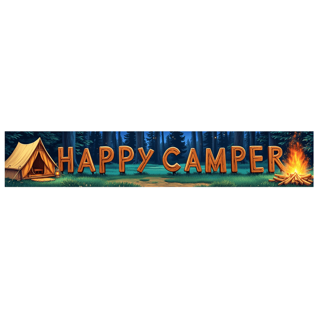 Forest Design Happy Camper Tent Banner Campfire Nature Scene for Outdoor Adventure Camping Event