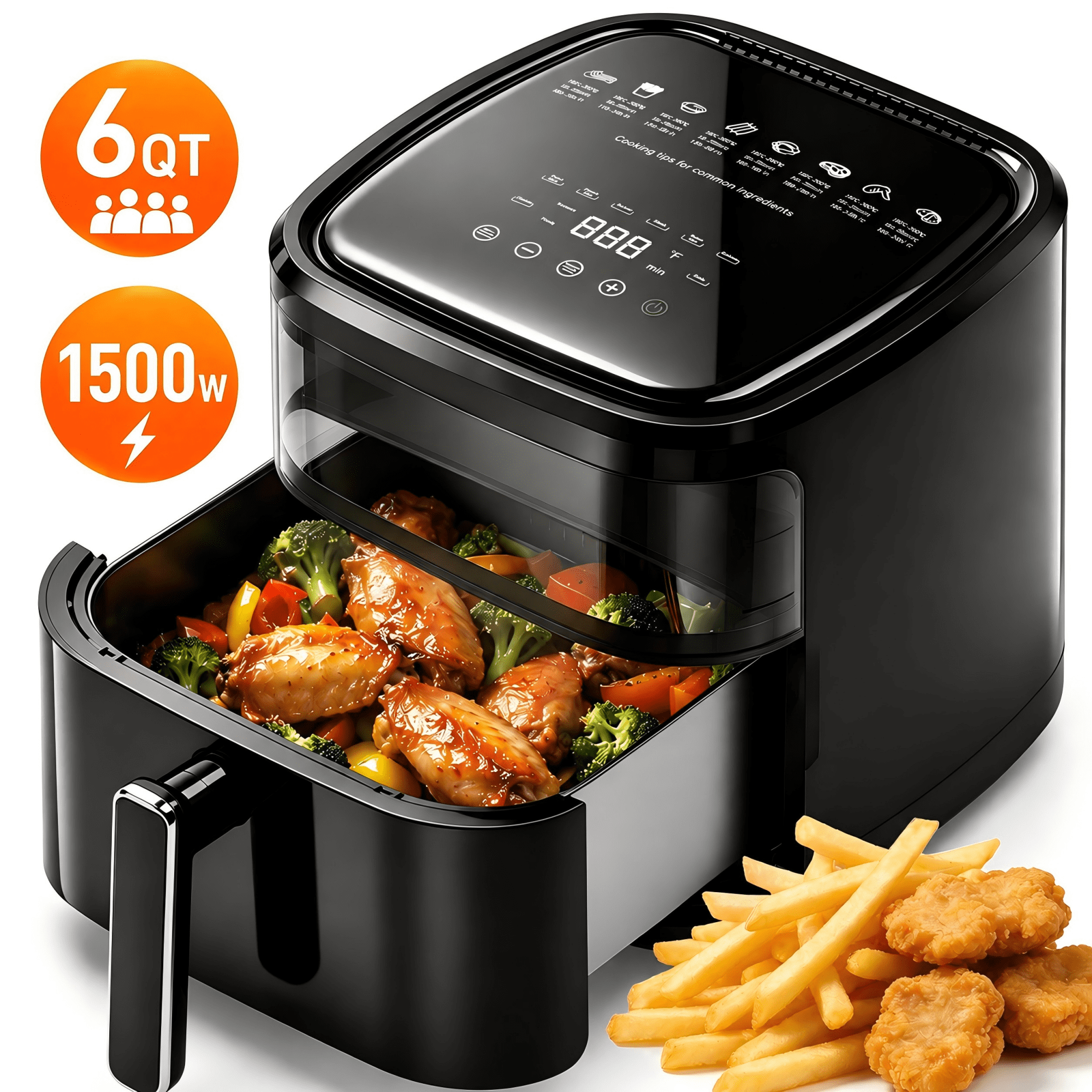 FRESHDEW 6Qt Air Fryer with Visible Window, 1500W Digital Air Fryer, 8-in-1 Presets, Touchscreen, 24H Delay Start