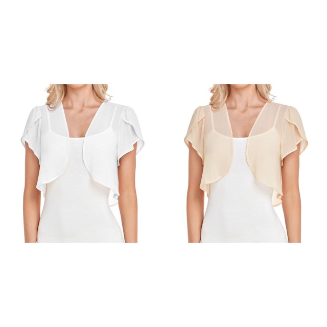 (2-Pack) Kcodviy Women Solid Short Kimono Cardigan Sleeve Cropped Bolero Open Button Down Sweaters with Pockets Front Chiffon Cardigan
