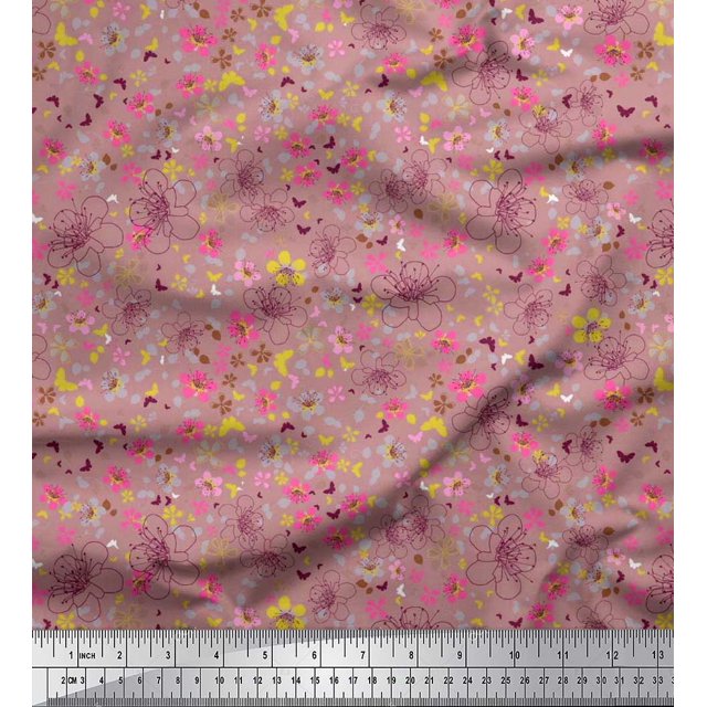 Soimoi polyester Crepe Fabric Leaves,Butterfly & Flower Floral Print Fabric by Yard 52 Inch Wide
