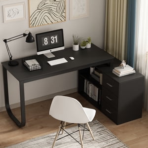WIAWG Bureau avec tiroirs et étagères, bureau d'écriture d'ordinateur en forme de L, poste de travail de bureau à la maison, noir