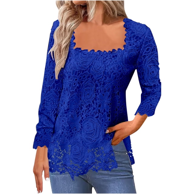 Timegard Womens Tops Lace Square Neck Long Sleeve Solid Color Blouse Fall Dressy Casual Tunic Tops