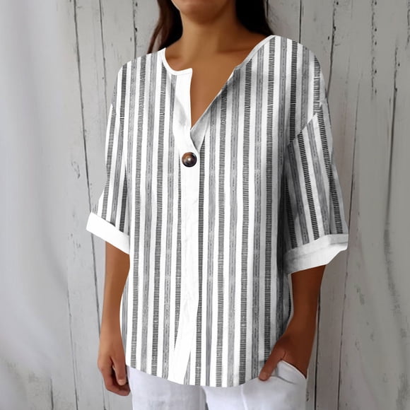 Craaazy Spring Tops for Women Loose Fit Printed V Neck 3/4 Sleeve Cotton Blend T-shirt for Vacation