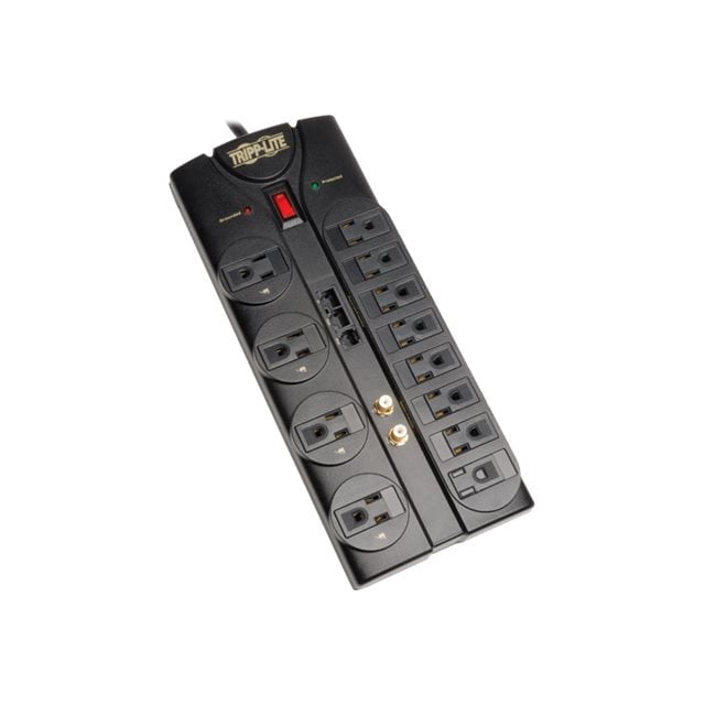 Tripp Lite Surge Protector 120V avec 12 Prises, un Cordon de 8 Pieds et une Prise à Angle Droit Gain de Place. Offre une protection Surge de 2880 joules, RJ11, RJ45 Intégrés et des Prises Coaxiales de Type F pour Protéger l'Équipement modem, Télécopie, Câble et satellite. Comprend des Capuchons de Sécurité pour Enfants, un Filtrage du Bruit EMI/RFI, des DEL de diagnostic et des supports de Trou de Clé pour