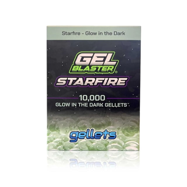 Gel Blaster Glow-in-the-Dark Starfire Gellets, 10,000 pack of 7.5mm water-based, eco-friendly, non-toxic gellets that glow in the dark and disintegrate on contact, compatible with Gel Blaster SURGE and STARFIRE blasters, shown in a front-facing box with green and black space-themed design.