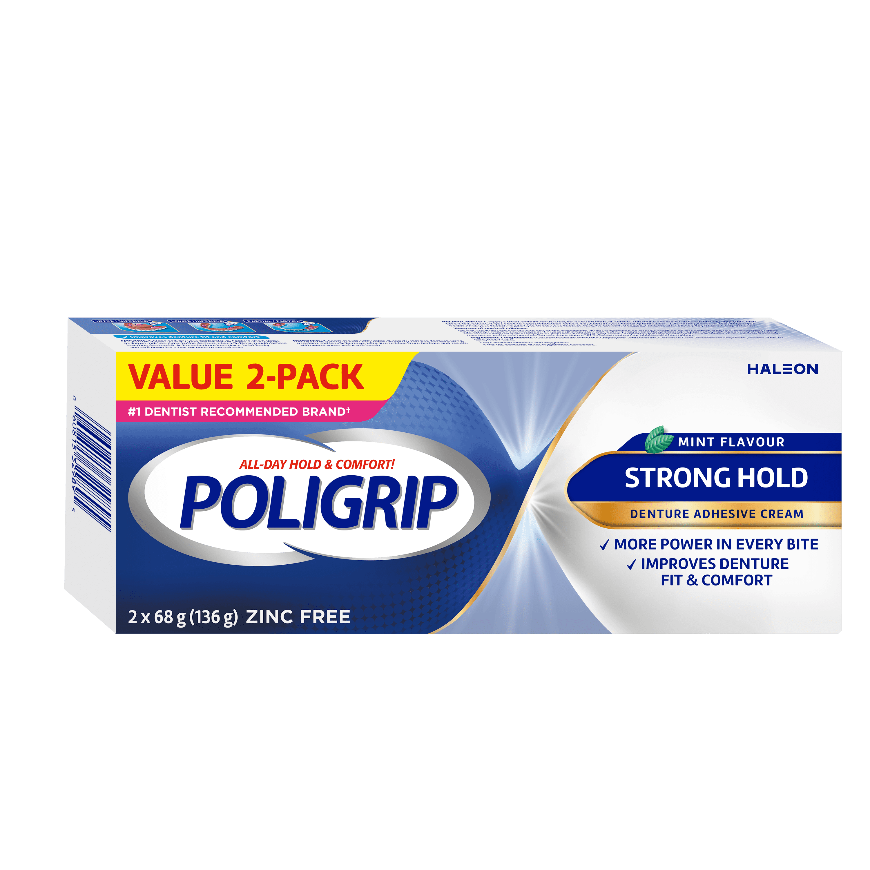 Poligrip Strong Hold Denture Adhesive Cream, Zinc Free, 2x68g tubes
