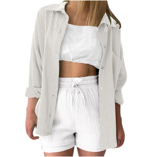 Timegard Hauts pour Femmes Col à Revers Manches Longues Chemises Boutonnées Couleur Unie Automne Décontracté Blouse Ample