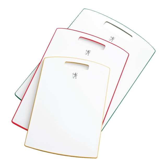 HENCKELS Cutting Board Set 3 Piece, Plastic, featuring three white boards with coloured edges: large green, medium red, and small yellow. Each board has a handle cutout and is reversible for dual-sided use. Dishwasher safe for easy cleaning.