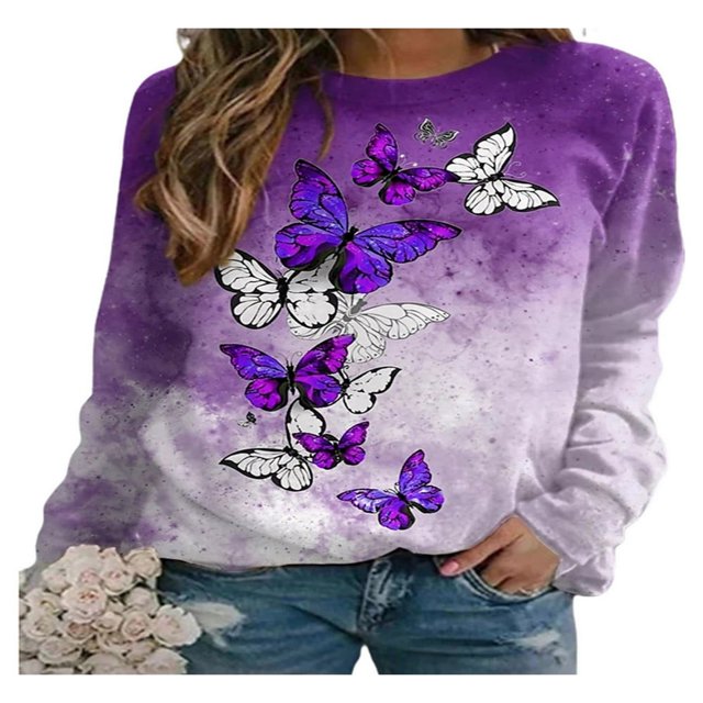 QJUHUNG Sweat-Shirt Décontracté à Manches Longues pour Femmes Papillon Imprimé Graphique Floral Pull Léger