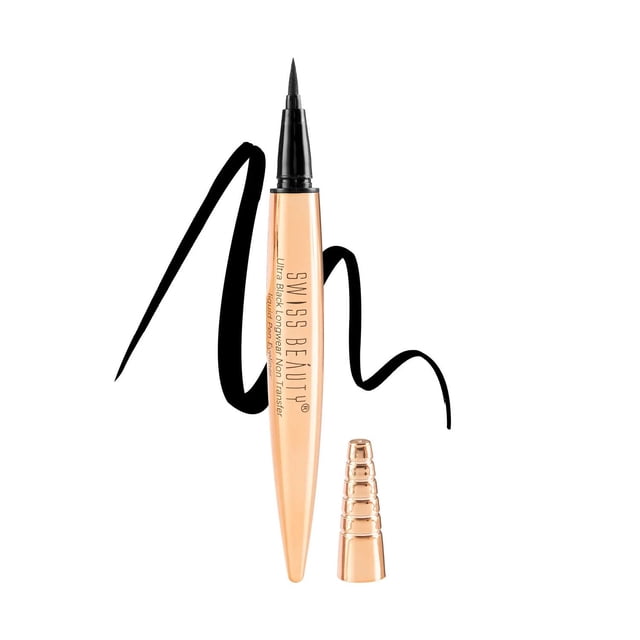 2X SWISS BEAUTY Stylo Liquide Ultra Noir Mat pour Eyeliner, 0,8 ml Chacun, Doté d'Un design de Stylo Élégant à Teinte Dorée avec une Pointe Ferme et Précise pour Créer des looks d'Eyeliner Fins à Audacieux. la Formule Imperméable Assure une application Sans Bavures, Idéale pour les Yeux de Chat et les styles Dramatiques. Comprend un Capuchon Amovible et Est Montré avec un Trait d'Eyeliner Noir en Arrière-Plan.