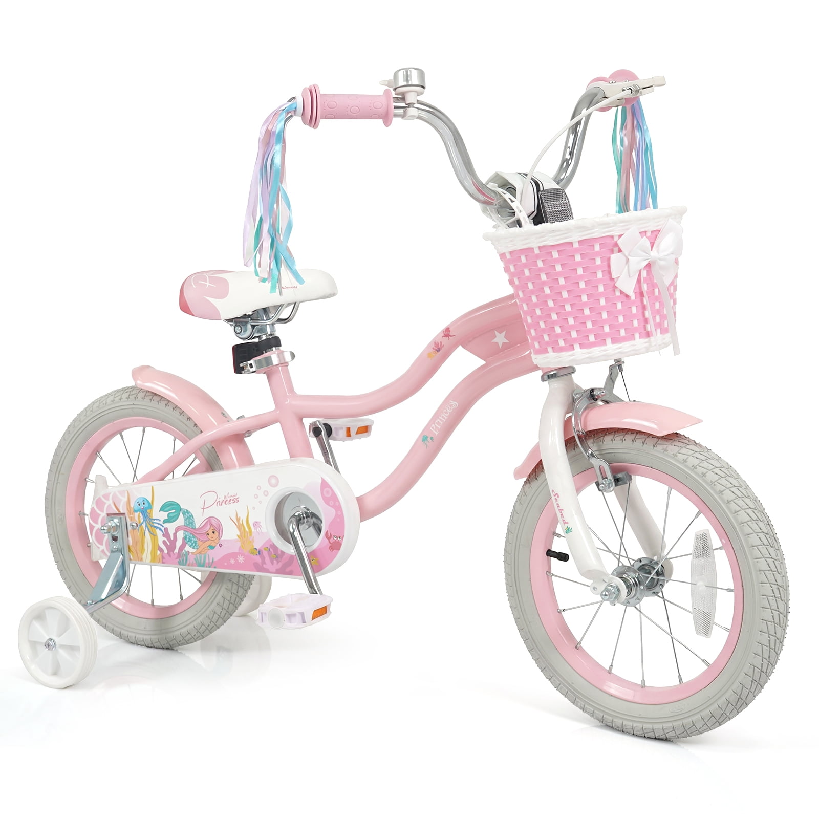 Costway 14" Kids Bike with Training Wheels Hand Coaster Brakes Adjustable Seat Handlebar Pink