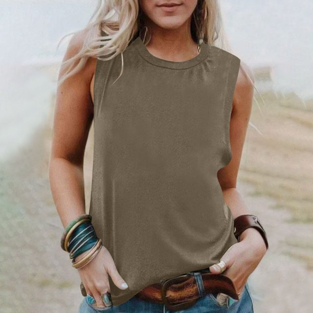 Débardeurs pour Femmes Zeophrasy Chemise Sans Manches pour Femmes Couleur Unie Col Rond Chemise Décontractée Débardeurs Blouse Sans Manches Excellent Cadeau à Petit Prix Kaki m