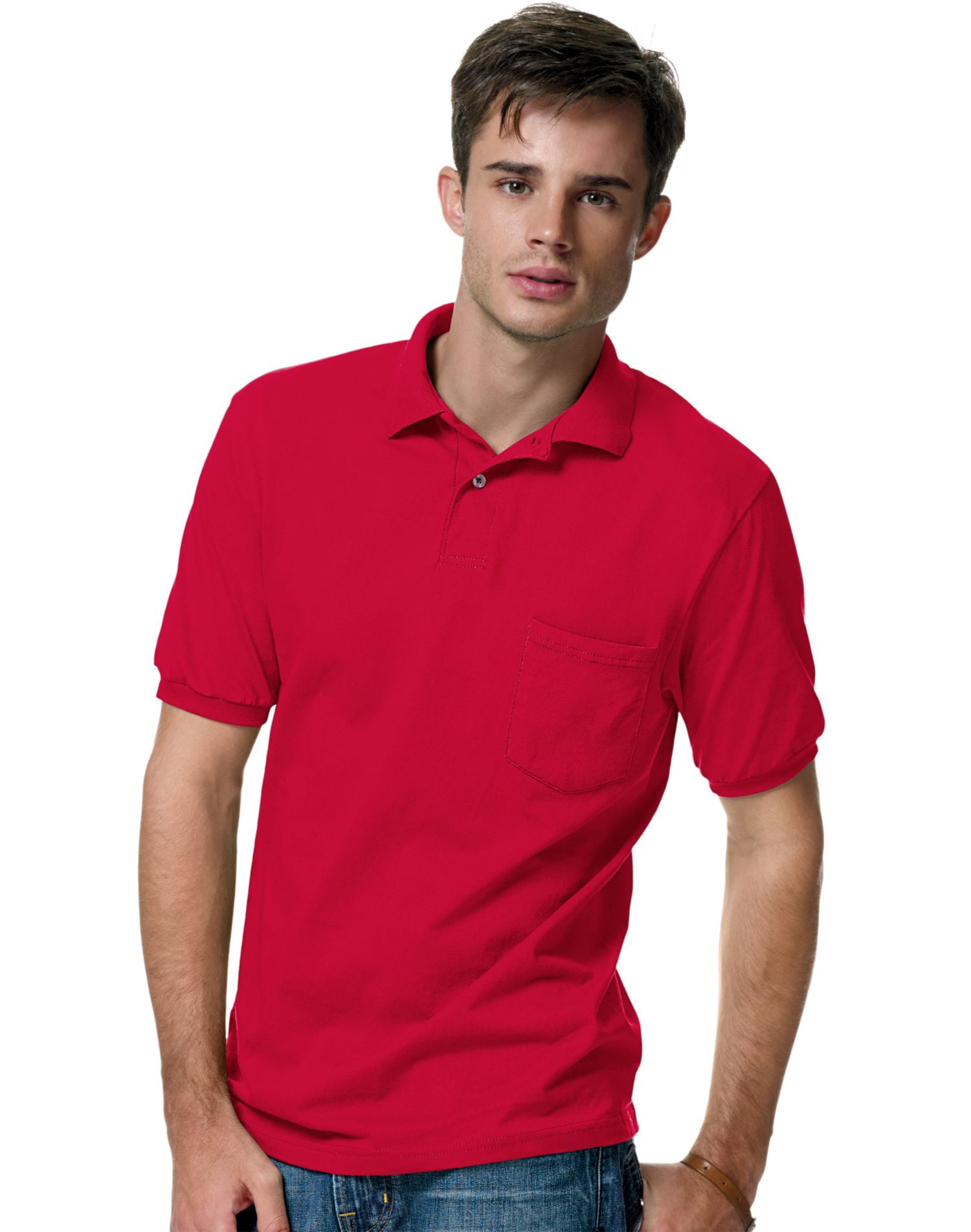 Hanes Mens CottonBlend EcoSmart Jersey Polo With Pocket 2-Pack, 4XL, Deep Red