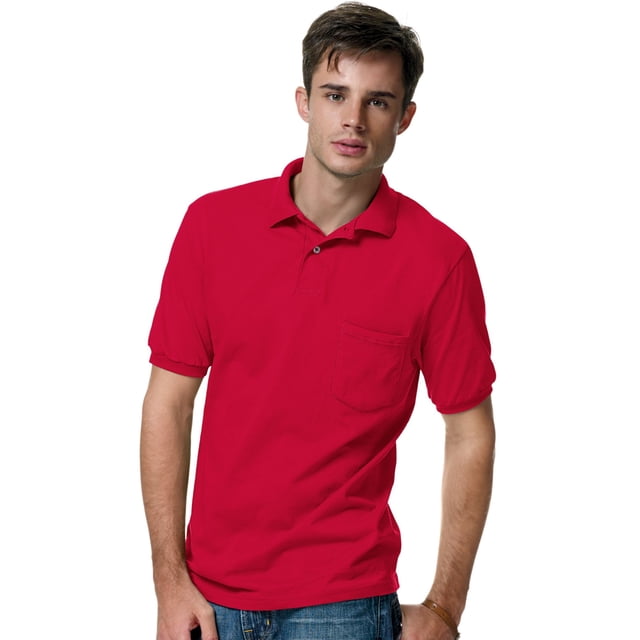 Hanes Mens CottonBlend EcoSmart Jersey Polo With Pocket 2-Pack, L, Deep Red