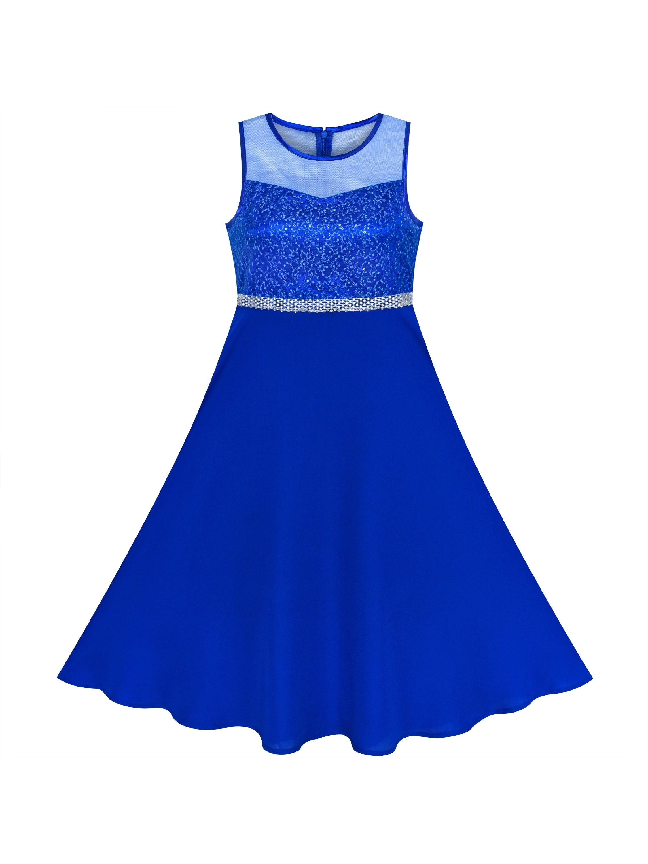 Girls Dress Blue Rhinestone Chiffon Bridesmaid Dance Maxi Gown 7 Years