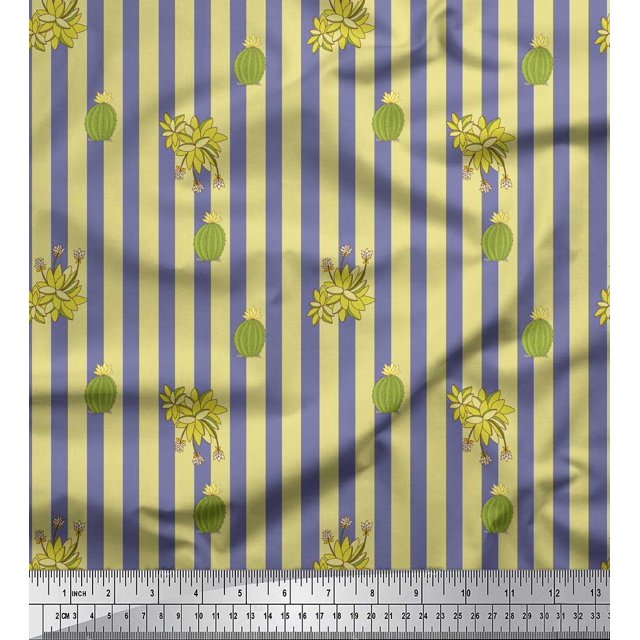 Soimoi Tissu Crêpe polyester Violet Imprimé Cactus & Rayures au Mètre 52 Pouces de Large