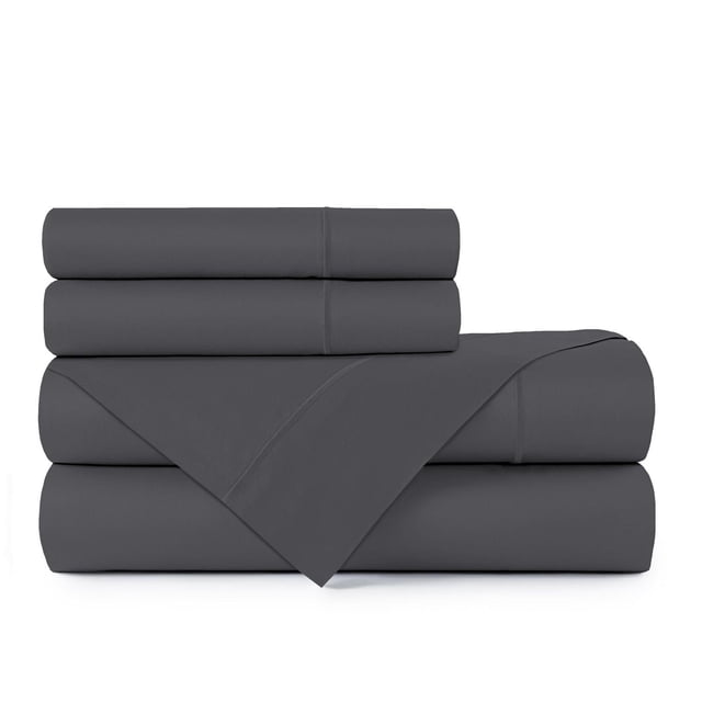 Johnson Home 450 Thread Count Bamboo Bed Sheet Set in dark grey, folded with two pillowcases on top, featuring smooth, breathable bamboo fabric that offers temperature regulation, hypoallergenic comfort, and wrinkle resistance for eco-friendly bedding.