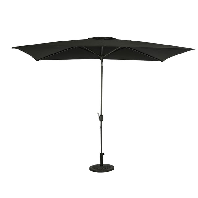 Bimini 6.5-ft x 10-ft rectangular market umbrella with black weather-resistant polyester canopy and six ribs, rust-resistant steel pole with bronze finish, crank handle for easy opening, push-to-tilt feature for adjustable shade, and a single wind vent to reduce wind damage, base sold separately.