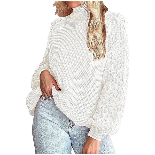 cllios White Sweaters for Women oversized Turtleneck Jumpers Casual Lantern Sleeve Knit Textured Sweater Pure Color Ribbed Pullover Tops