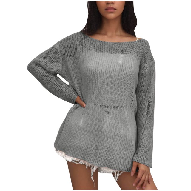 Hauts d'Automne à Manches Longues Mode Femmes Décontracté Manches Longues Col Rond Uni Chandail pour Dames Hauts Blouse Hauts Tricotés pour Femmes Manches Longues P-28 Gris Foncé L