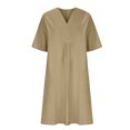 thumbnail image 4 of Birdeem Robe Décontractée à Manches Courtes en Coton et Lin Uni Col en V Printemps et Été pour Femmes, 4 of 6