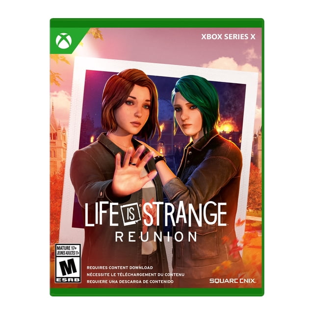 Life is Strange: Reunion™ Xbox Series X game cover featuring two characters in casual jackets, one with red hair holding a hand forward, the other with green hair, set against a burning building and autumn trees, with the title and Square Enix logo displayed.