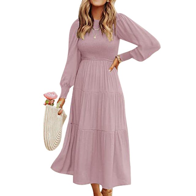 LUXUR Robes Maxi à Manches Longues pour Femmes Robe Décontractée de Soirée Ligne A Rose TG