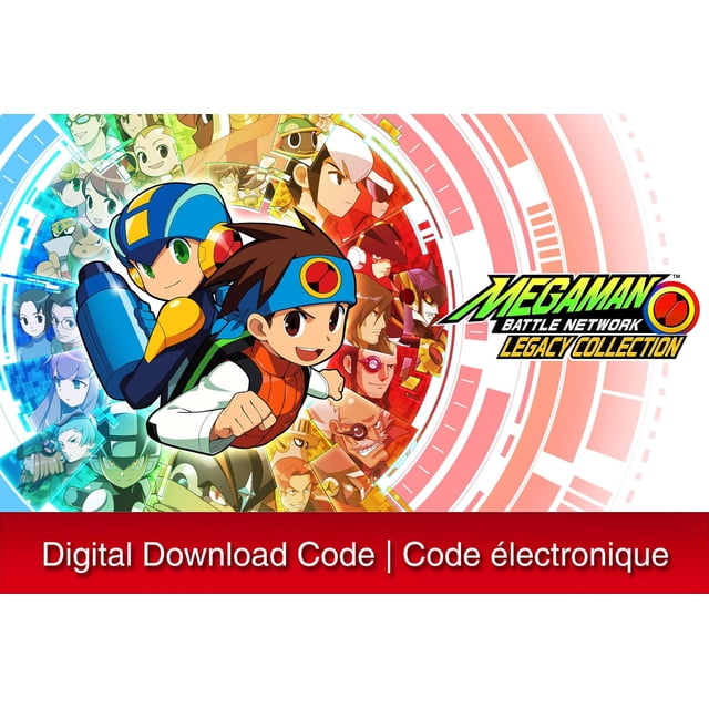 Mega Man Battle Network Legacy Collection - Nintendo Switch Couverture de code de Téléchargement Numérique avec art Présentant Deux Personnages Principaux en poses Dynamiques Entourés d'Un collage Circulaire de Personnages de Soutien avec des Arrière-Plans à Grille Numérique Bleue et Rouge, le logo du Jeu à Droite, et une Bannière Rouge Dessous Indiquant code de Téléchargement Numérique / code électronique.