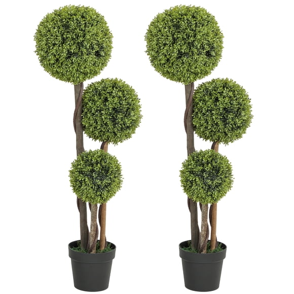 HOMCOM 4FT Artificial Boxwood Triple Ball Topiary Tree Set of 2, Green