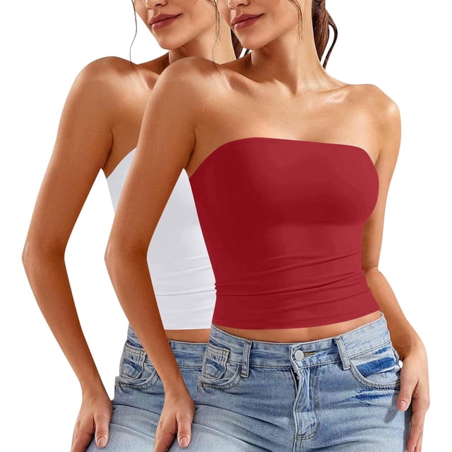 ZACPNCV 2PC Women's Shapewear Tube Tops Strapless Ruched Built-in Shelf Bra Casual Red XL