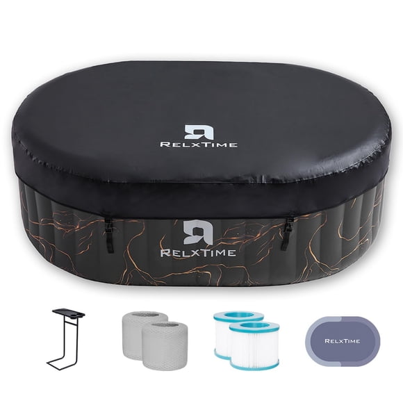 RELXTIME Inflatable Hot Tub Oval 2 Person Outdoor Portable Spa with Drink Tray, LED Light,Black