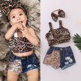 thumbnail image 1 of 3PCS Kids Girls Summer Ruffles Top Shorts Leopard Short Sleeve Pleated Vest Blue Hole Jeans Side Pockets, 1 of 5