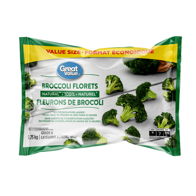 Great Value Bouquets de Brocoli Surgelés dans un Sac Format Économique de 1,75 kg, Comprenant des Morceaux de Brocoli 100 % Naturels de Qualité a Sans Agents de Conservation Ajoutés, Idéal pour une Cuisson Rapide à Partir du Surgelé au Micro-Ondes Ou sur la Cuisinière, Couramment Utilisé comme Légume Surgelé Polyvalent dans les Cuisines Canadiennes.