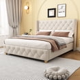 thumbnail image 2 of Queen Size (60''×80'') Linen Upholstered Platform Bed - Classic Wingback Headboard with Diamond Tufted Button Upholstery, Gold Nailhead Trim & Sturdy Wooden Legs, Mattress Not Included, Beige, 2 of 18