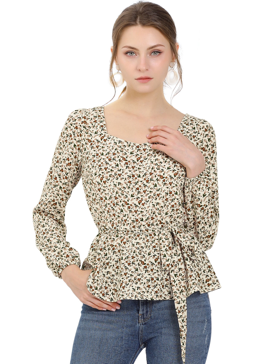 INSPIRE CHIC Blouse à Manches Longues Florale à Encolure Carrée avec Ceinture pour Femmes