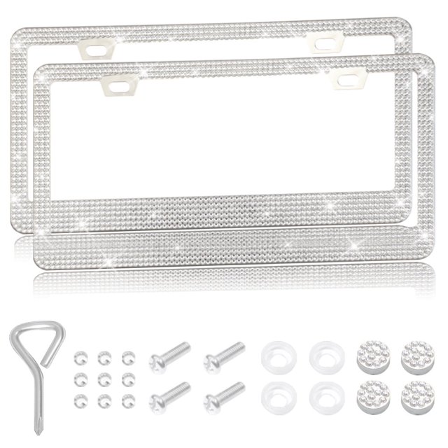 CHUANK 2PCS Bling Car License Plate Frame Sparkly Rhinestone Stainless Steel License Plate Cover/Holder Universal for Most Cars SUVs Vehicles with Screw Set Auto Accessories for Wome