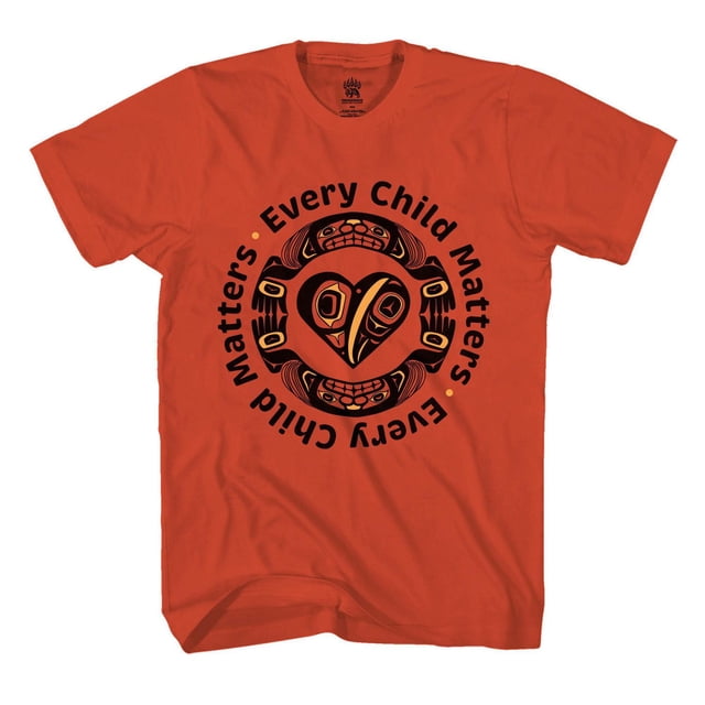 Indigenous Proud Kids Every Child Matters Tee in orange with crew neckline and short sleeves, featuring a Haida artist's raven heart graphic in black and red surrounded by 'Every Child Matters' text, made of 60% cotton and 40% polyester, suitable for children sizes 2T-5T.