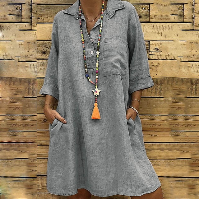Robes pour Femmes 2024 Été Oversize Printemps et Col à Revers Robe en Coton et Lin à Boutons Décontractée avec Poche Robe Chemise à Manches 3/4 Rabais de 50 % Liquidation!