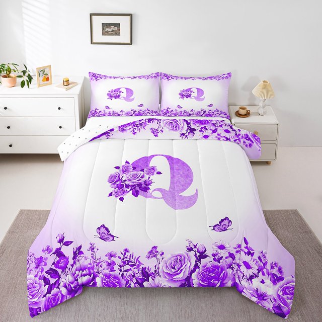 Erosebridal Letter Comforter Sets Queen Size For Teens,Rose Flower Bedding Queen Comforter Set,Butterfly Room Decorative,Reversible,Ultra Soft,3-Piece