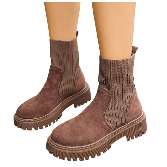 Rokment Bottes de Combat à Plateforme pour Femmes 2025 Automne Hiver Mode Suède Tricot Patchwork Extensible Talon Épais Mi-Mollet Courtes Robe Bottines à la Cheville