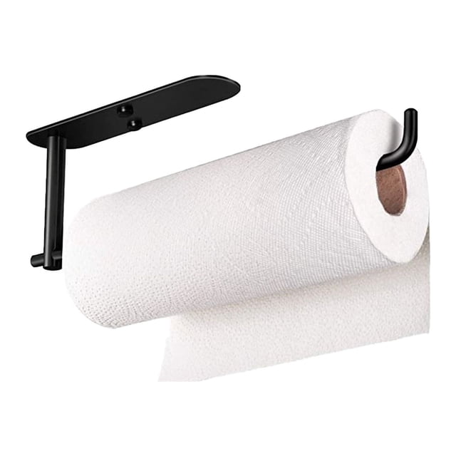 Under Cabinet Paper Towel Holder for Kitchen Punch-Free Home Kitchen Cabinet Roll Paper Holder Towel Rack Fresh-Keeping Bag. A black painted steel paper towel holder designed for under-cabinet installation, shown holding a white paper towel roll. The holder features a punch-free design for easy installation and fits cabinets with a thickness of less than 2.2 cm. Ideal for saving countertop space, organizing kitchen essentials, and enhancing kitchen storage solutions.