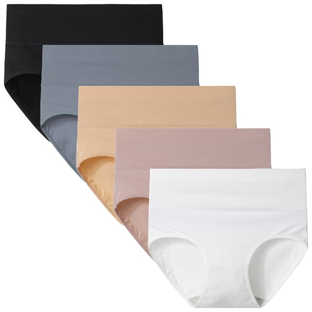 INNERSY Culottes pour Femmes en Coton, Taille Haute, Culottes Post-Partum, Lot de 5 (L, Assortiment Neutre). Ensemble de Cinq Culottes en Coton Taille Haute en Couleurs Assorties Neutres, Incluant Noir, Gris, beige, Rose et Blanc. Ces Culottes pour Femmes Offrent une Grand Ceinture Élastique pour un Soutien Modéré du Ventre et une Couverture Complète du Dos pour le Confort et Aucune Ligne de Culotte visible. Faites de 95 % Coton et 5 % Élasthanne avec un Gousset Intérieur 100 % Coton pour la Respirabilité et la Durabilité. Convient à la Récupération Post-Partum