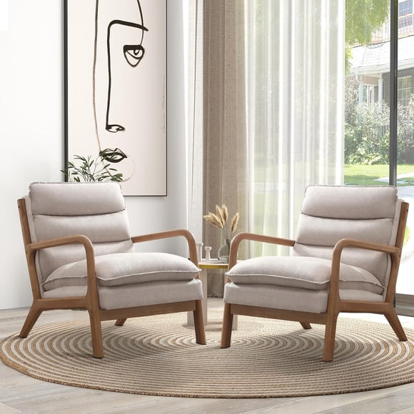 Bonzy Home Mid Century Modern Accent Chair Set of 2, Comfy Armchair with Lumbar Support Pillow, Upholstered Fabric Arm Chairs with Solid Wood Frame for Reading, Living Room, Bedroom, Beige