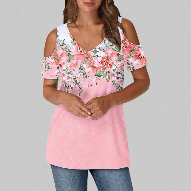 Soki Women's Off Shoulder Tee Clearance Blouses Short Sleeved V-Neck Fashionable Tops