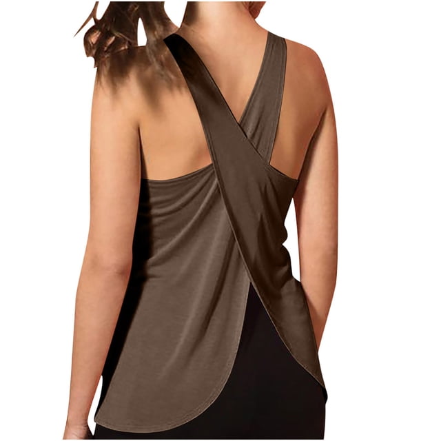 Chbgutlmr Hauts de Yoga pour Femmes, un Débardeur Sans Manches à Encolure Dégagée avec Dos Croisé. Fabriqué en Tissu Léger et Respirant, Parfait pour la Course, les Entraînements Ou les Superpositions Estivales Décontractées. Couleur Neutre avec Détail de Dos Drapé Stylé, Convient à Diverses occasions.