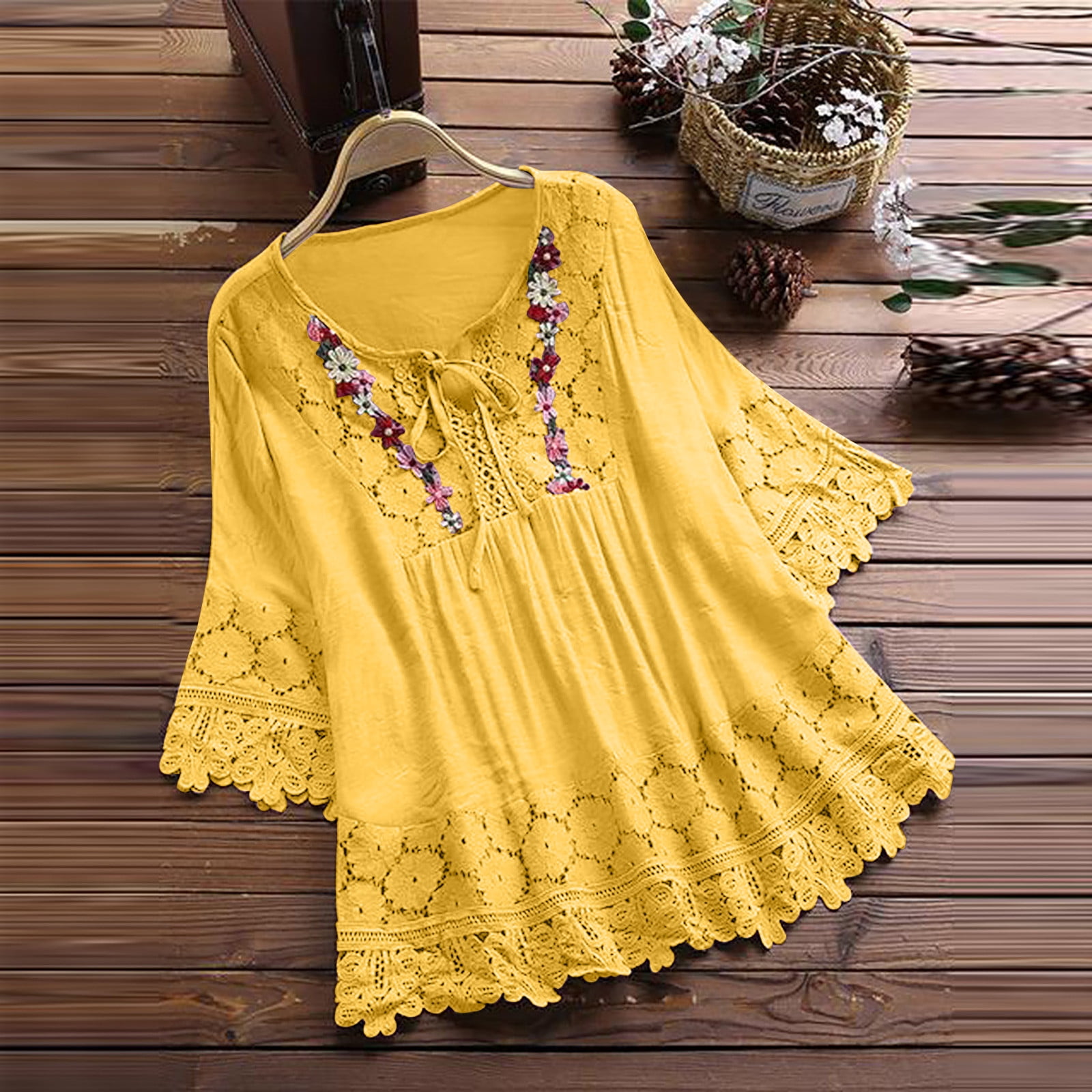 ladies dress tops designs Amzcrzy Womens Fashion Lace Cotton Linen Shirts Casual 3/4 Length Sleeve Round Neck Summer Tops for Women Solid Color Flower Peasant Blouses vincera
